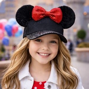 Disney Black Sequin Minnie Mouse‎ Ears Red Bow Baseball Hat Kids OS